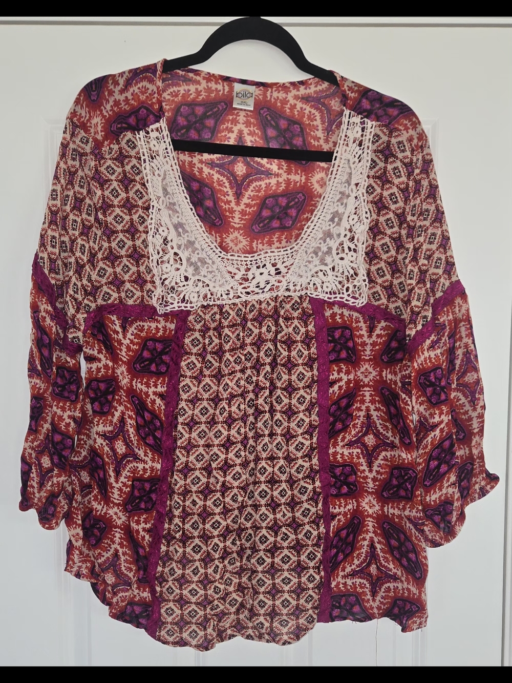 Bila Red and Purple Crochet-Trim Boho Tunic